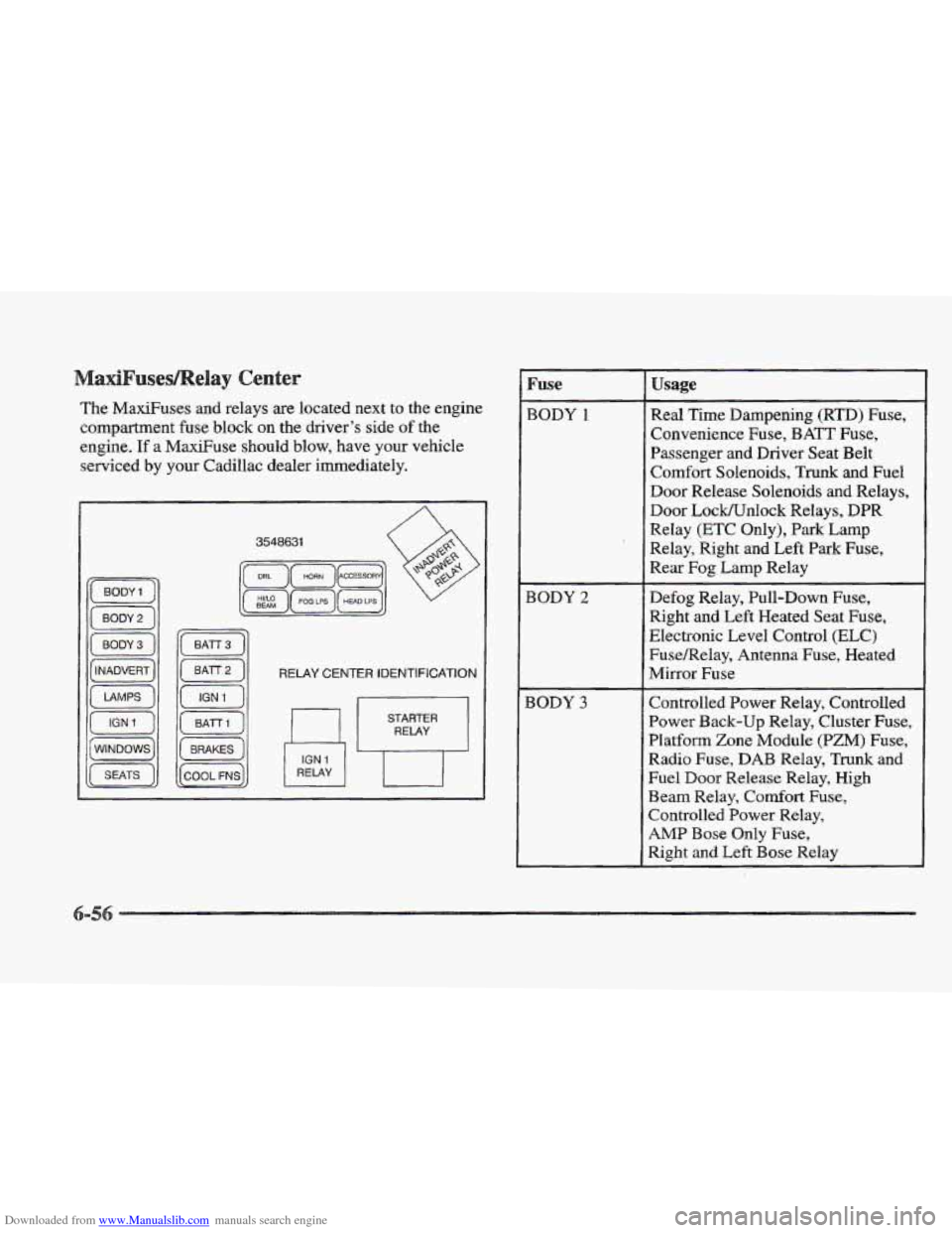 CADILLAC ELDORADO 1997 10.G Owners Manual Downloaded from www.Manualslib.com manuals search engine The MaxiFuses and relays are located next to the engine
compartment fuse block
on the driver’s side of the
engine. If a MaxiFuse s CADILLAC ELDORADO 1997 10.G Owners Manual Downloaded from www.Manualslib.com manuals search engine The MaxiFuses and relays are located next to the engine
compartment fuse block
on the driver’s side of the
engine. If a MaxiFuse s