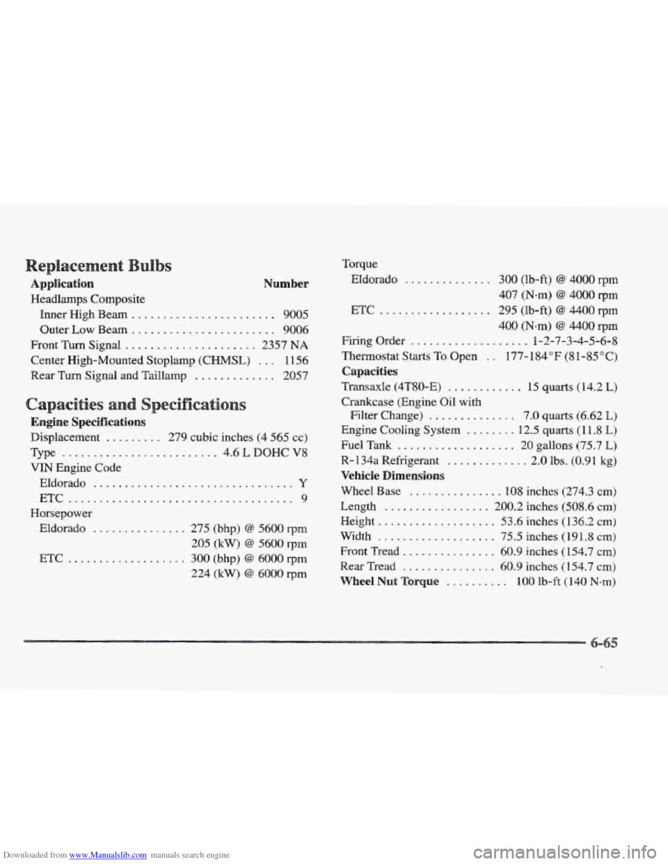 CADILLAC ELDORADO 1997 10.G Owners Manual Downloaded from www.Manualslib.com manuals search engine Number
ce
Application
Headlamps Composite
Inner High Beam ....................... 9005
Outer
Low Beam ....................... 9006
Front CADILLAC ELDORADO 1997 10.G Owners Manual Downloaded from www.Manualslib.com manuals search engine Number
ce
Application
Headlamps Composite
Inner High Beam ....................... 9005
Outer
Low Beam ....................... 9006
Front
