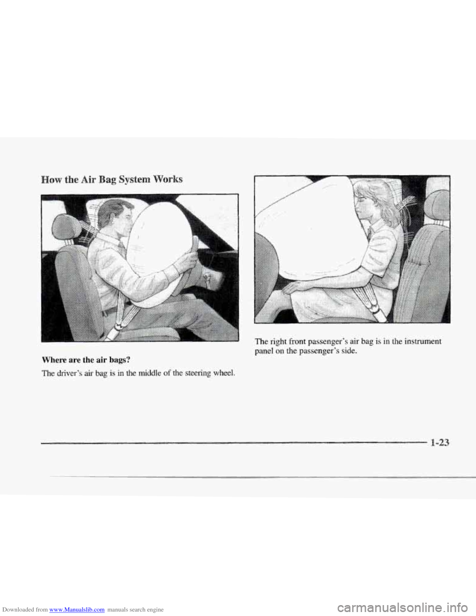 CADILLAC SEVILLE 1997 4.G Owners Manual Downloaded from www.Manualslib.com manuals search engine r s 
r 
r 
i 
0 r 
r 
Where are the air bags? 
The driver’s air bag is  in  the  middle of the steering wheel.  The  right  front 
passenger