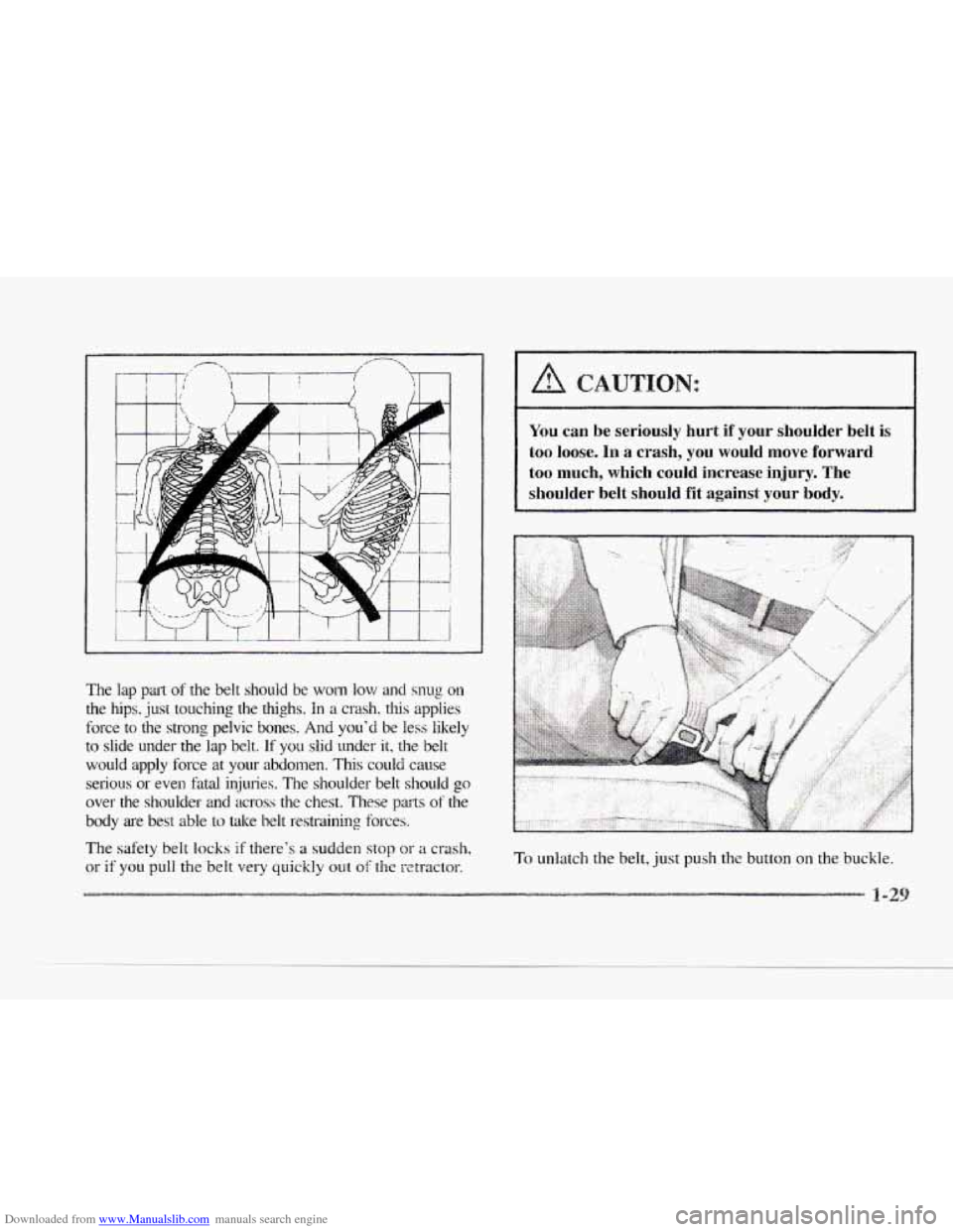 CADILLAC SEVILLE 1997 4.G Owners Manual Downloaded from www.Manualslib.com manuals search engine c 
The lap pat of the  belt  should be won1 low  and snug on 
the hips. just touching the thighs. In a crash, this applies 
force  to  the  str