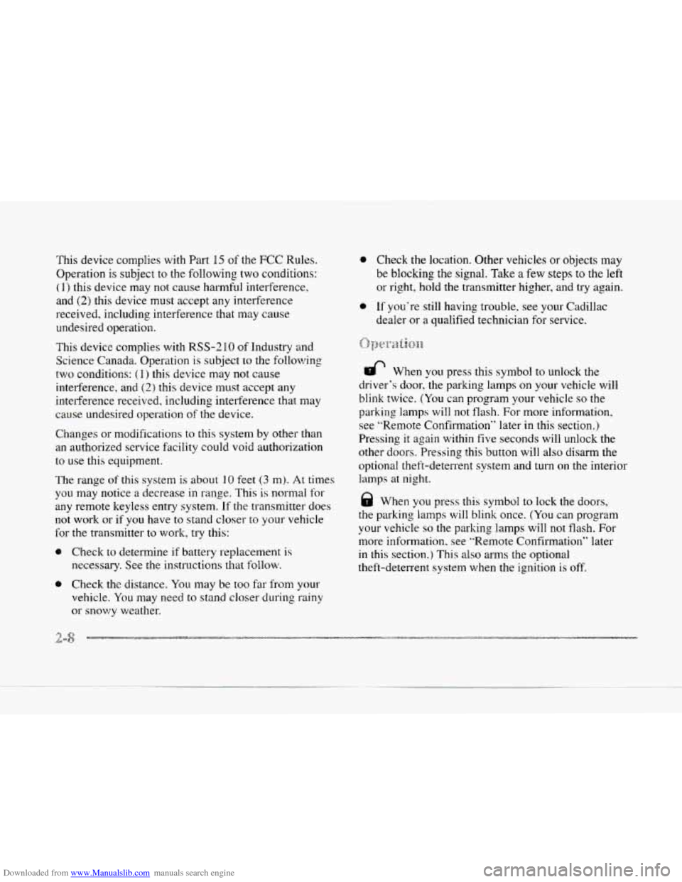 CADILLAC SEVILLE 1997 4.G Owners Manual Downloaded from www.Manualslib.com manuals search engine This device, complies with Part 15 of the FCC Rules.
Operation
is subject to the following two conditions:
( 1) this device may not c CADILLAC SEVILLE 1997 4.G Owners Manual Downloaded from www.Manualslib.com manuals search engine This device, complies with Part 15 of the FCC Rules.
Operation
is subject to the following two conditions:
( 1) this device may not c