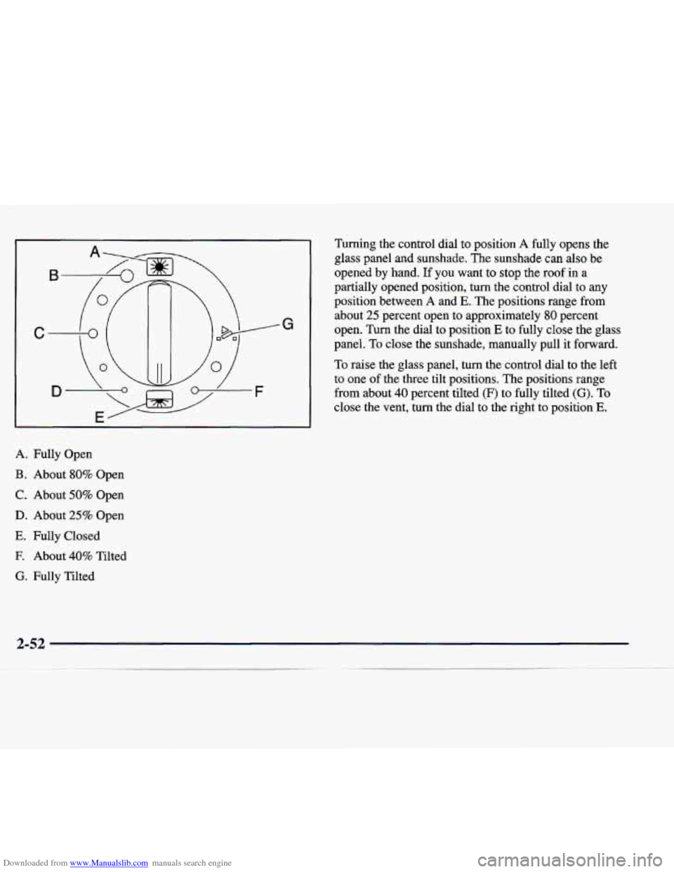 CADILLAC CATERA 1998 1.G Owners Manual Downloaded from www.Manualslib.com manuals search engine A.  Fully  Open 
B. About 80% Open 
C. About 50% Open 
D. About 25% Open 
E. Fully  Closed 
E About 40% Tilted 
G. Fully  Tilted Turning  the  