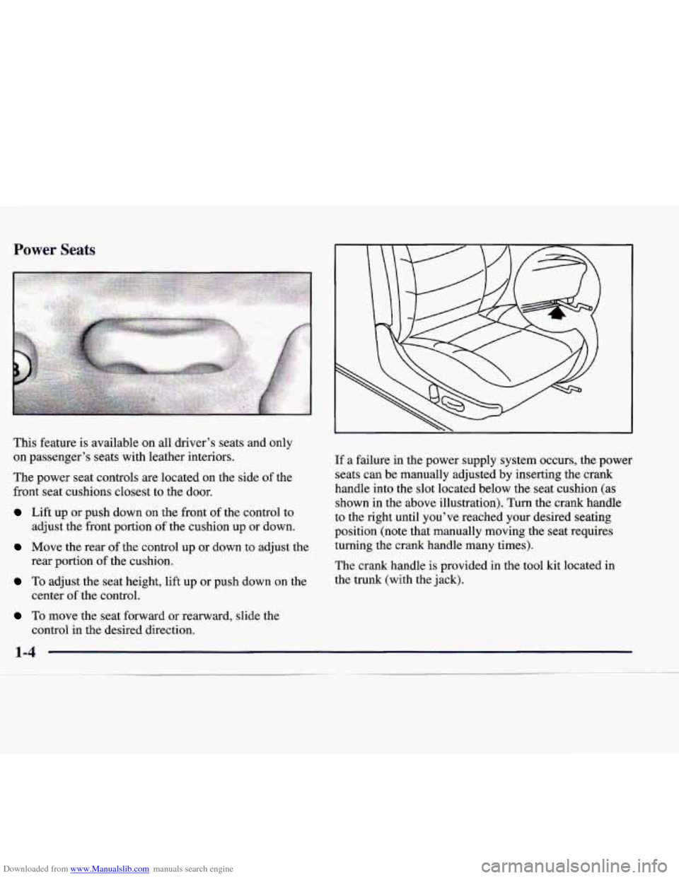 CADILLAC CATERA 1998 1.G Owners Manual Downloaded from www.Manualslib.com manuals search engine This feature is available on all driver’s seats and only
on passenger’s seats with leather interiors.
If a failure in the p CADILLAC CATERA 1998 1.G Owners Manual Downloaded from www.Manualslib.com manuals search engine This feature is available on all driver’s seats and only
on passenger’s seats with leather interiors.
If a failure in the p