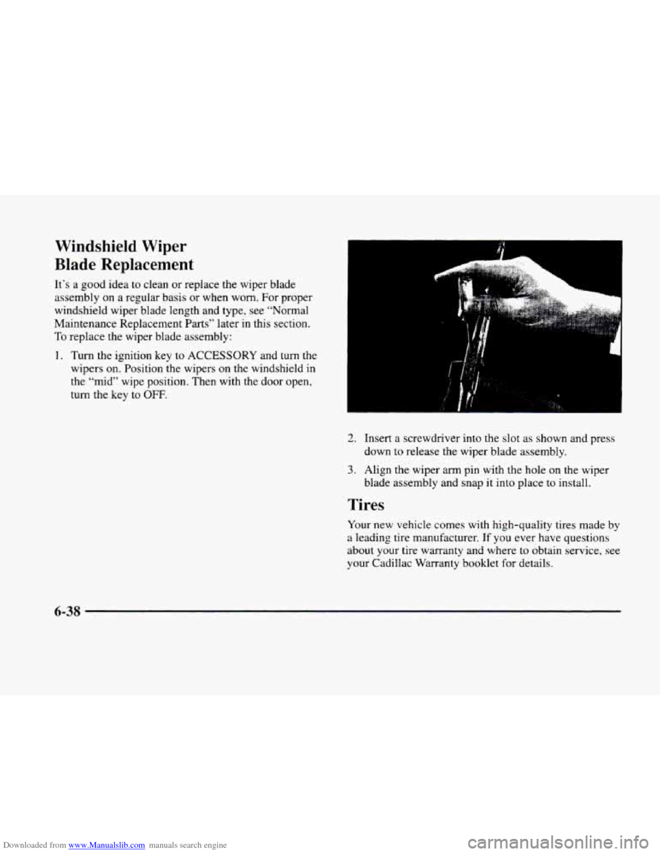 CADILLAC ELDORADO 1998 10.G Owners Manual Downloaded from www.Manualslib.com manuals search engine Windshield  Wiper 
Blade Replacement 
It’s a  good  idea to clean or replace the wiper blade 
assembly 
on a  regular  basis or when worn. Fo