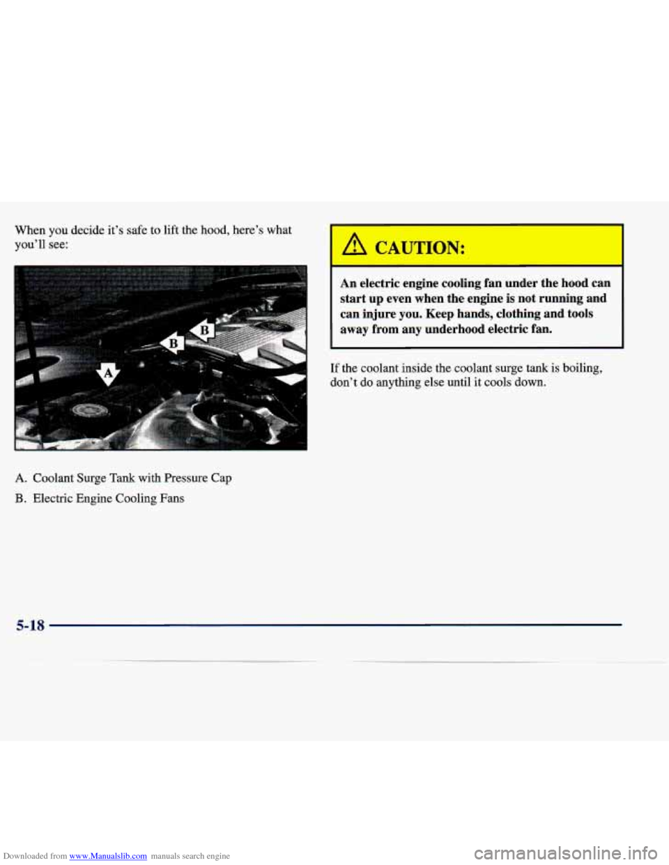 CADILLAC SEVILLE 1998 4.G Owners Manual Downloaded from www.Manualslib.com manuals search engine When you decide it’s safe to lift  the hood,  here’s  what 
you’ll see: 
A. Coolant Surge  Tank  with Pressure Cap 
B. Electric Engine Co