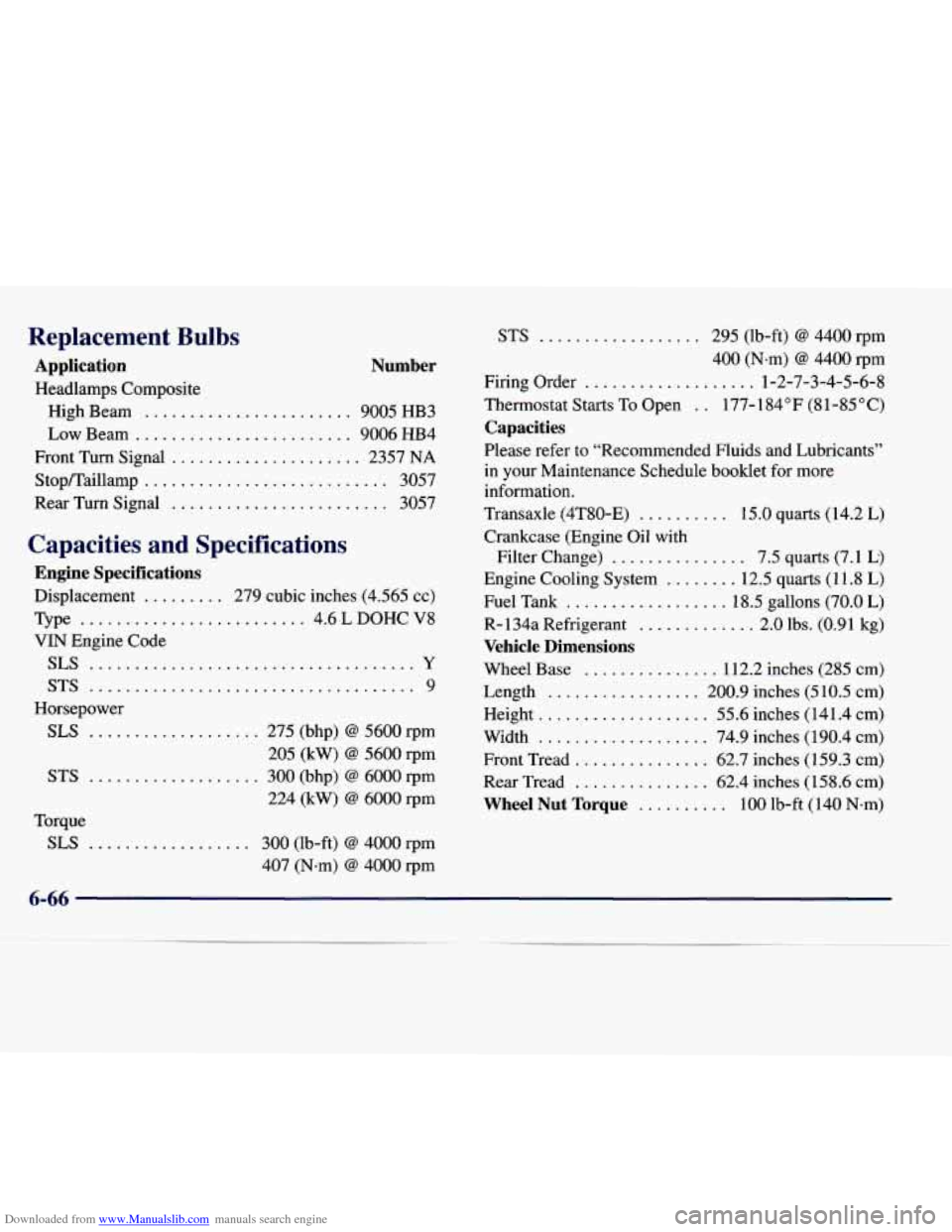 CADILLAC SEVILLE 1998 4.G Owners Manual Downloaded from www.Manualslib.com manuals search engine Replacement  Bulbs 
Application  Number 
Headlamps  Composite High  Beam 
....................... 9005 HB3 
Low Beam ........................ 9