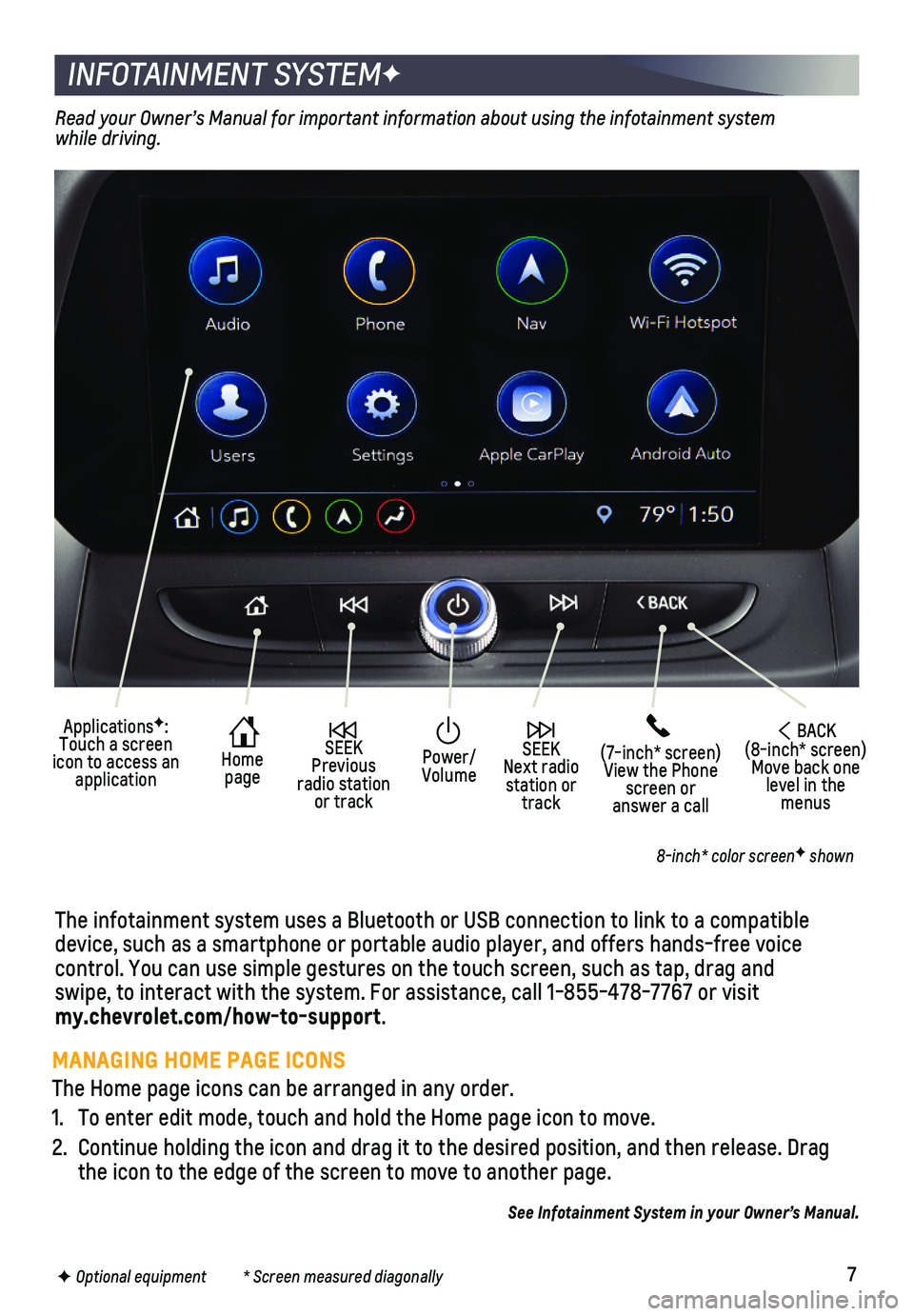 CHEVROLET CAMARO 2021 Get To Know Guide 7
INFOTAINMENT SYSTEMF
The infotainment system uses a Bluetooth or USB connection to link to a \
compatible device, such as a smartphone or portable audio player, and offers hands-\
free voice
contr CHEVROLET CAMARO 2021 Get To Know Guide 7
INFOTAINMENT SYSTEMF
The infotainment system uses a Bluetooth or USB connection to link to a \
compatible device, such as a smartphone or portable audio player, and offers hands-\
free voice
contr