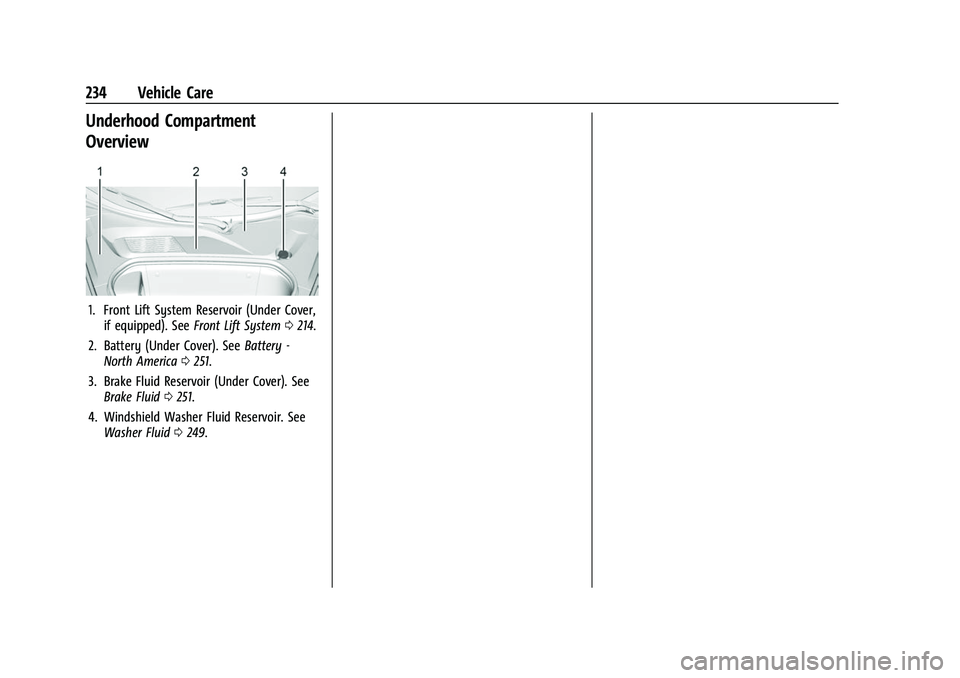 CHEVROLET CORVETTE 2021  Owners Manual Chevrolet Corvette Owner Manual (GMNA-Localizing-U.S./Canada/Mexico-
14622938) - 2021 - CRC - 2/10/21
234 Vehicle Care
Underhood Compartment
Overview
1. Front Lift System Reservoir (Under Cover,if equ