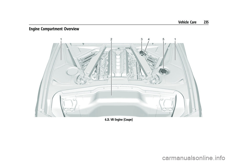 CHEVROLET CORVETTE 2021  Owners Manual Chevrolet Corvette Owner Manual (GMNA-Localizing-U.S./Canada/Mexico-
14622938) - 2021 - CRC - 2/10/21
Vehicle Care 235
Engine Compartment Overview
6.2L V8 Engine (Coupe) 