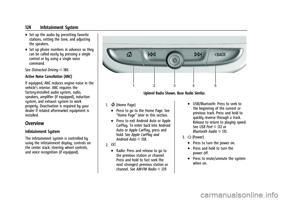 CHEVROLET EQUINOX 2021  Owners Manual Chevrolet Equinox Owner Manual (GMNA-Localizing-U.S./Canada/Mexico-
14420010) - 2021 - CRC - 11/10/20
124 Infotainment System
.Set up the audio by presetting favorite
stations, setting the tone, and a