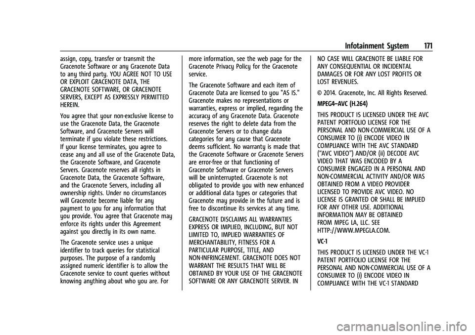 CHEVROLET EQUINOX 2021 Owners Manual Chevrolet Equinox Owner Manual (GMNA-Localizing-U.S./Canada/Mexico-
14420010) - 2021 - CRC - 11/10/20
Infotainment System 171
assign, copy, transfer or transmit the
Gracenote Software or any Gracenote CHEVROLET EQUINOX 2021 Owners Manual Chevrolet Equinox Owner Manual (GMNA-Localizing-U.S./Canada/Mexico-
14420010) - 2021 - CRC - 11/10/20
Infotainment System 171
assign, copy, transfer or transmit the
Gracenote Software or any Gracenote