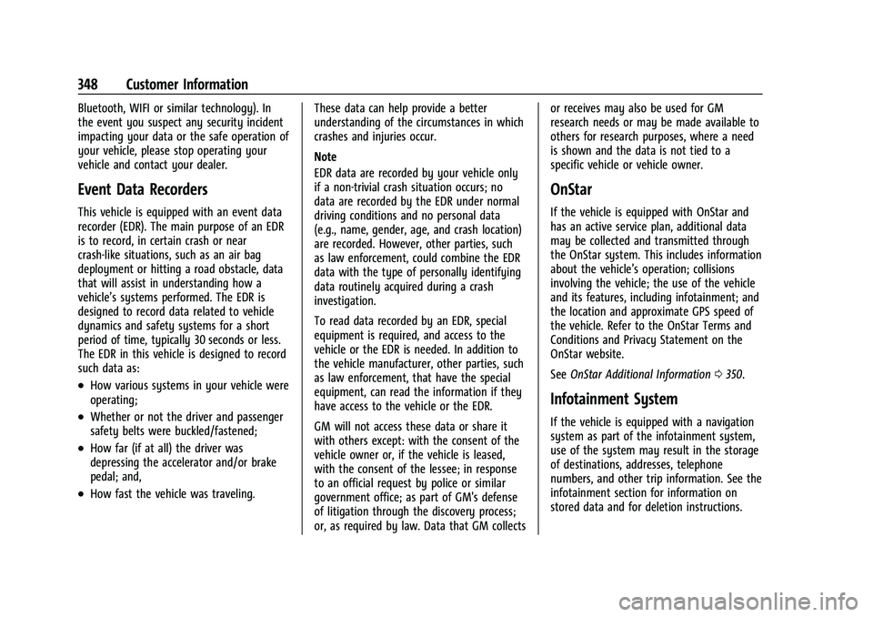 CHEVROLET EQUINOX 2021  Owners Manual Chevrolet Equinox Owner Manual (GMNA-Localizing-U.S./Canada/Mexico-
14420010) - 2021 - CRC - 11/10/20
348 Customer Information
Bluetooth, WIFI or similar technology). In
the event you suspect any secu