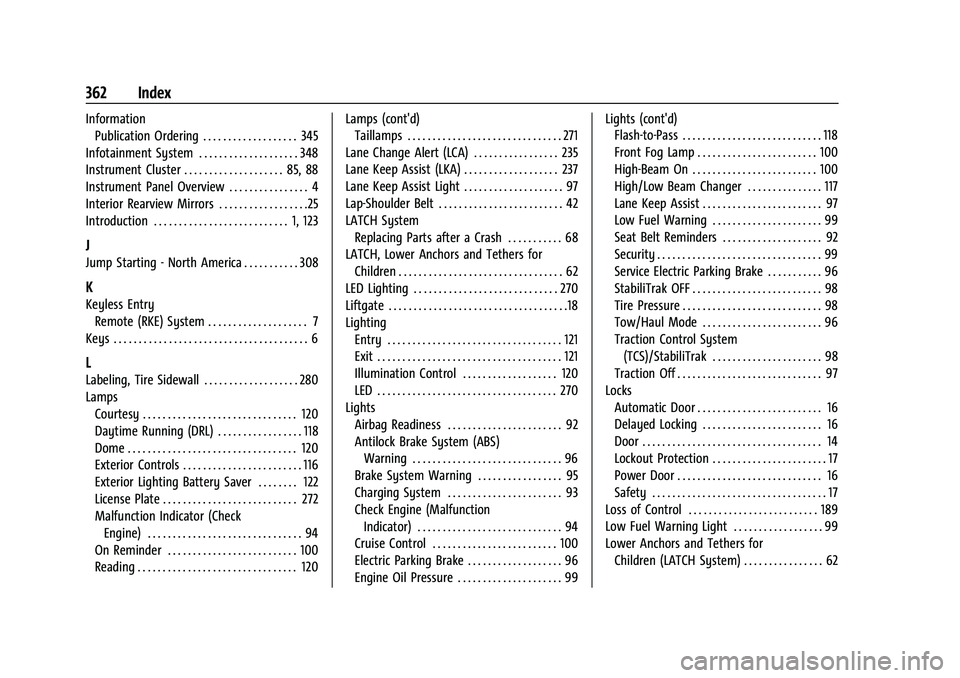 CHEVROLET EQUINOX 2021  Owners Manual Chevrolet Equinox Owner Manual (GMNA-Localizing-U.S./Canada/Mexico-
14420010) - 2021 - CRC - 11/10/20
362 Index
InformationPublication Ordering . . . . . . . . . . . . . . . . . . . 345
Infotainment S