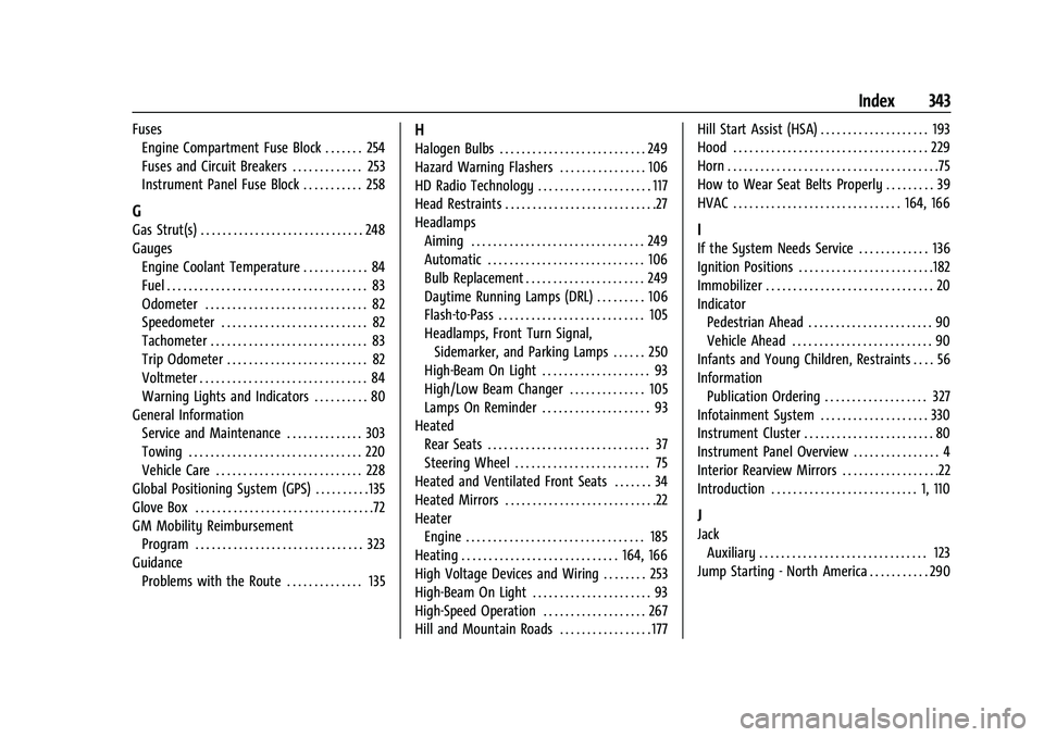 CHEVROLET MALIBU 2021 Owners Manual Chevrolet Malibu Owner Manual (GMNA-Localizing-U.S./Canada-
14584249) - 2021 - CRC - 11/9/20
Index 343
FusesEngine Compartment Fuse Block . . . . . . . 254
Fuses and Circuit Breakers . . . . . . . . . CHEVROLET MALIBU 2021 Owners Manual Chevrolet Malibu Owner Manual (GMNA-Localizing-U.S./Canada-
14584249) - 2021 - CRC - 11/9/20
Index 343
FusesEngine Compartment Fuse Block . . . . . . . 254
Fuses and Circuit Breakers . . . . . . . . .