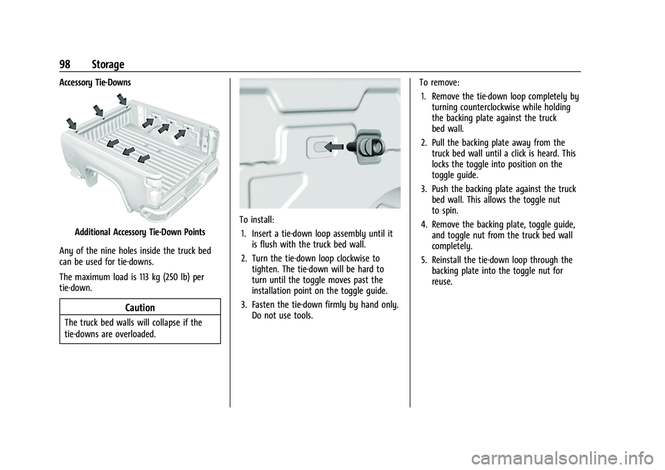 CHEVROLET SILVERADO 1500 2021  Owners Manual Chevrolet Silverado 1500 Owner Manual (GMNA-Localizing-U.S./Canada/
Mexico/Paraguay-14632303) - 2021 - CRC - 11/9/20
98 Storage
Accessory Tie-Downs
Additional Accessory Tie-Down Points
Any of the nine