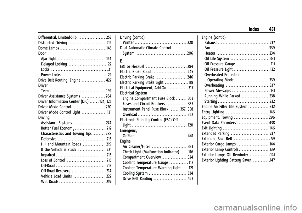 CHEVROLET SILVERADO 1500 2021  Owners Manual Chevrolet Silverado 1500 Owner Manual (GMNA-Localizing-U.S./Canada/-
Mexico/Paraguay-14632303) - 2021 - CRC - 11/9/20
Index 451
Differential, Limited-Slip . . . . . . . . . . . . . . . . . 253
Distrac