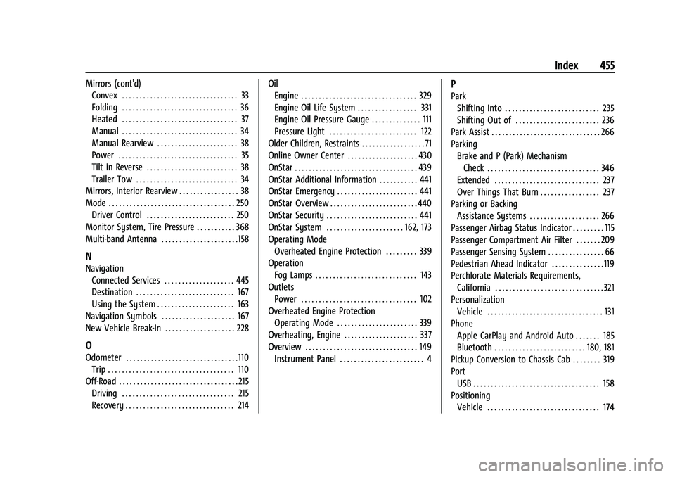 CHEVROLET SILVERADO 1500 2021  Owners Manual Chevrolet Silverado 1500 Owner Manual (GMNA-Localizing-U.S./Canada/-
Mexico/Paraguay-14632303) - 2021 - CRC - 11/9/20
Index 455
Mirrors (cont'd)Convex . . . . . . . . . . . . . . . . . . . . . . .