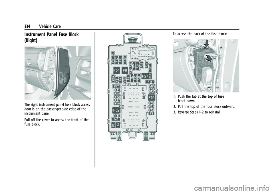 CHEVROLET SILVERADO 2500HD 2021  Owners Manual Chevrolet Silverado 2500 HD/3500 HD Owner Manual (GMNA-Localizing-U.
S./Canada/Mexico-14632154) - 2021 - CRC - 11/20/20
334 Vehicle Care
Instrument Panel Fuse Block
(Right)
The right instrument panel 