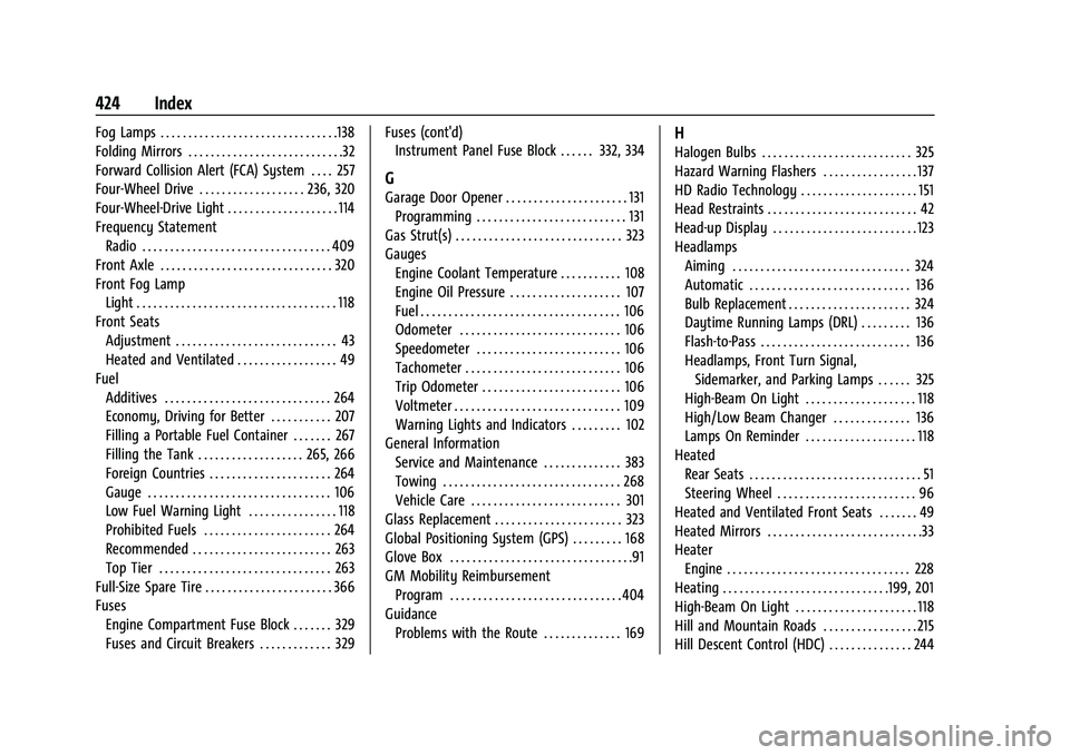 CHEVROLET SILVERADO 2500HD 2021 Owners Manual Chevrolet Silverado 2500 HD/3500 HD Owner Manual (GMNA-Localizing-U.
S./Canada/Mexico-14632154) - 2021 - CRC - 11/20/20
424 Index
Fog Lamps . . . . . . . . . . . . . . . . . . . . . . . . . . . . . . CHEVROLET SILVERADO 2500HD 2021 Owners Manual Chevrolet Silverado 2500 HD/3500 HD Owner Manual (GMNA-Localizing-U.
S./Canada/Mexico-14632154) - 2021 - CRC - 11/20/20
424 Index
Fog Lamps . . . . . . . . . . . . . . . . . . . . . . . . . . . . . .