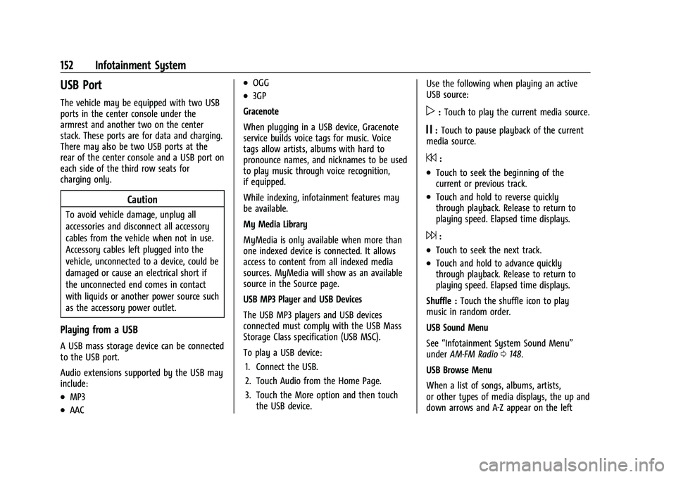 CHEVROLET TAHOE 2021  Owners Manual Chevrolet Tahoe/Suburban Owner Manual (GMNA-Localizing-U.S./Canada/
Mexico-13690484) - 2021 - crc - 8/17/20
152 Infotainment System
USB Port
The vehicle may be equipped with two USB
ports in the cente