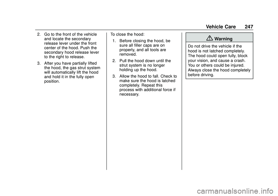CHEVROLET BLAZER 2020  Owners Manual Chevrolet Blazer Owner Manual (GMNA-Localizing-U.S./Canada/Mexico-
13557845) - 2020 - CRC - 3/24/20
Vehicle Care 247
2. Go to the front of the vehicleand locate the secondary
release lever under the f