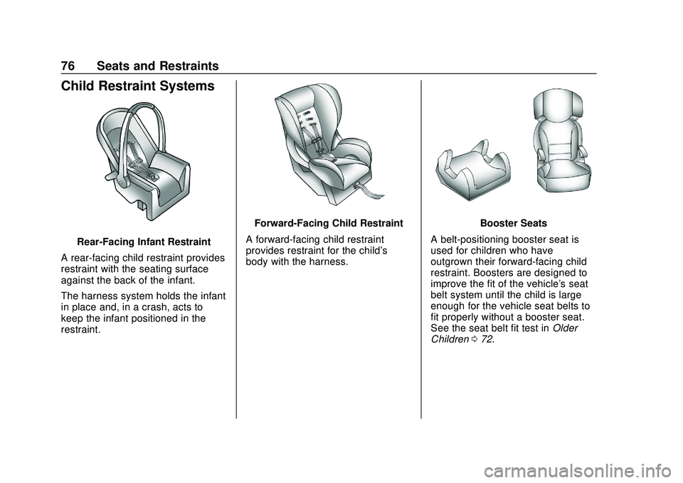 CHEVROLET BLAZER 2020  Owners Manual Chevrolet Blazer Owner Manual (GMNA-Localizing-U.S./Canada/Mexico-
13557845) - 2020 - CRC - 3/24/20
76 Seats and Restraints
Child Restraint Systems
Rear-Facing Infant Restraint
A rear-facing child res