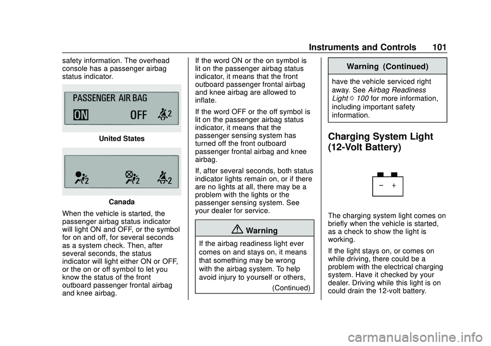 CHEVROLET BOLT EV 2020  Owners Manual Chevrolet BOLT EV Owner Manual (GMNA-Localizing-U.S./Canada/Mexico-
13556250) - 2020 - CRC - 2/11/20
Instruments and Controls 101
safety information. The overhead
console has a passenger airbag
status