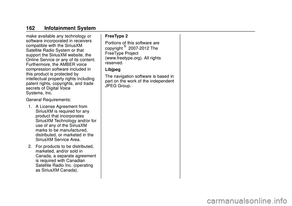 CHEVROLET BOLT EV 2020  Owners Manual Chevrolet BOLT EV Owner Manual (GMNA-Localizing-U.S./Canada/Mexico-
13556250) - 2020 - CRC - 2/11/20
162 Infotainment System
make available any technology or
software incorporated in receivers
compati