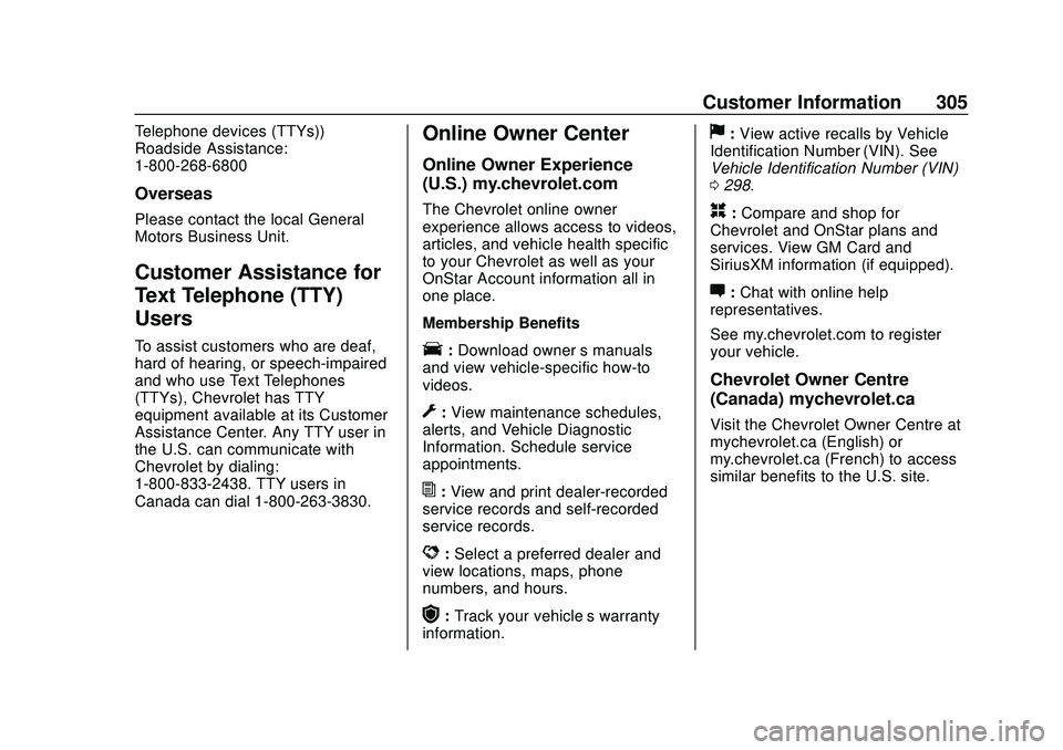 CHEVROLET CORVETTE 2020  Owners Manual Chevrolet Corvette Owner Manual (GMNA-Localizing-U.S./Canada/Mexico-
12470550) - 2020 - CRC - 4/23/20
Customer Information 305
Telephone devices (TTYs))
Roadside Assistance:
1-800-268-6800
Overseas
Pl