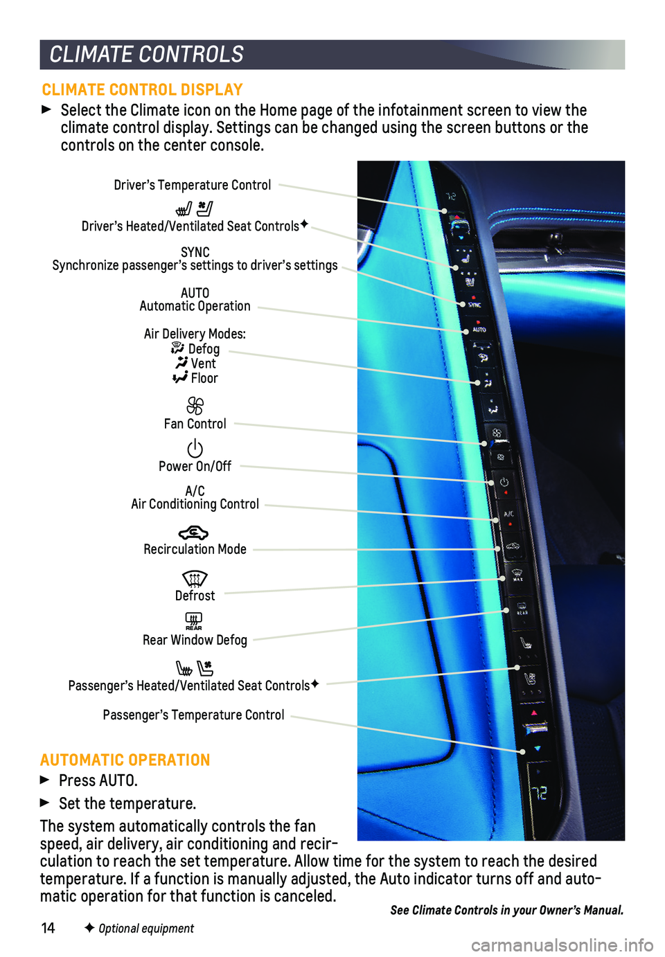 CHEVROLET CORVETTE 2020  Get To Know Guide 14
AUTOMATIC OPERATION
 Press AUTO.
 Set the temperature.
The system automatically controls the fan speed, air delivery, air conditioning and recir-culation to reach the set temperature. Allow time fo