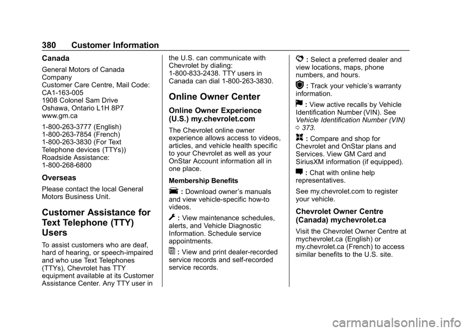 CHEVROLET EQUINOX 2020  Owners Manual Chevrolet Equinox Owner Manual (GMNA-Localizing-U.S./Canada/Mexico-
13555863) - 2020 - CRC - 8/2/19
380 Customer Information
Canada
General Motors of Canada
Company
Customer Care Centre, Mail Code:
CA
