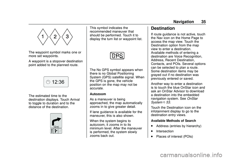 CHEVROLET IMPALA 2020  Infotainment System Manual Chevrolet Impala Infotainment Manual (2.6) (GMNA-Localizing-U.S./Canada-
14402255) - 2020 - CRC - 6/5/19
Navigation 35
The waypoint symbol marks one or
more set waypoints.
A waypoint is a stopover des