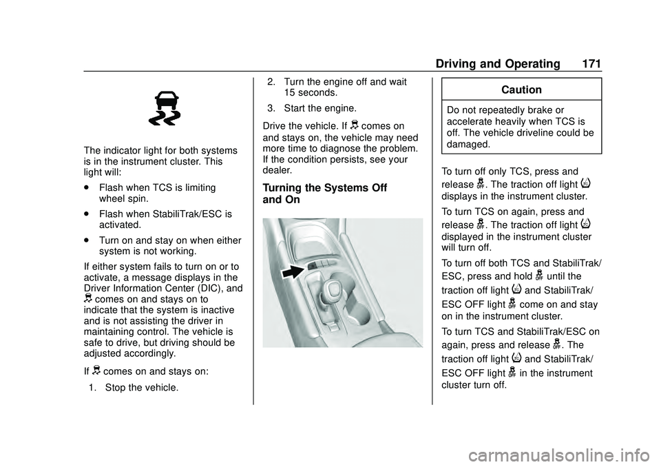 CHEVROLET MALIBU 2020  Owners Manual Chevrolet Malibu Owner Manual (GMNA-Localizing-U.S./Canada/Mexico-
13555849) - 2020 - CRC - 8/16/19
Driving and Operating 171
The indicator light for both systems
is in the instrument cluster. This
li