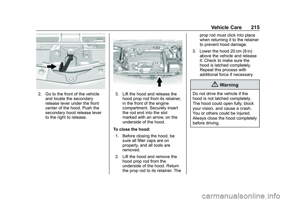 CHEVROLET MALIBU 2020  Owners Manual Chevrolet Malibu Owner Manual (GMNA-Localizing-U.S./Canada/Mexico-
13555849) - 2020 - CRC - 8/21/19
Vehicle Care 215
2. Go to the front of the vehicleand locate the secondary
release lever under the f