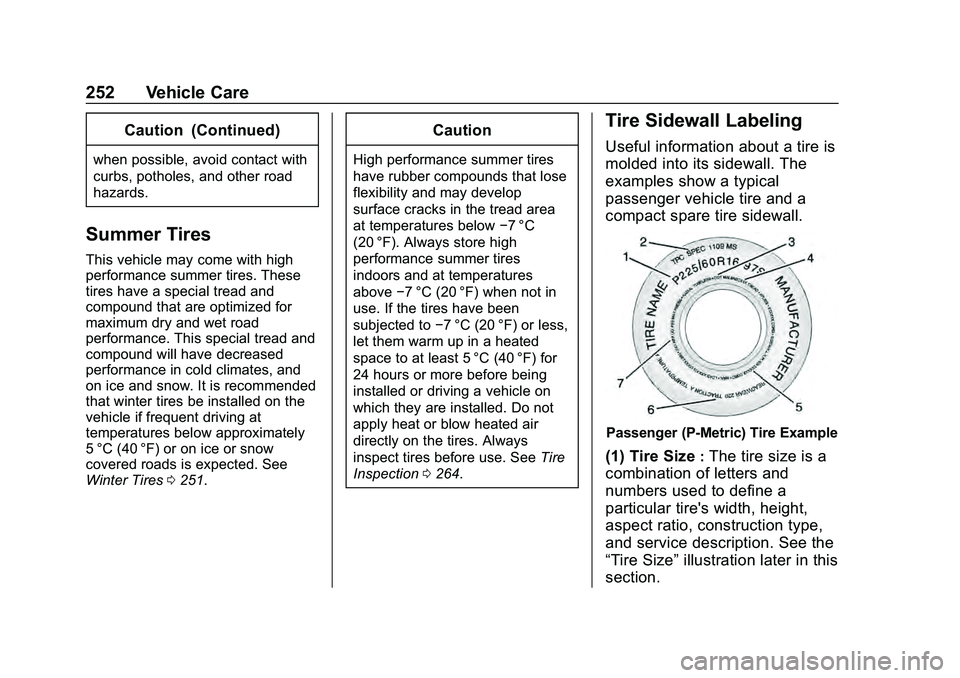 CHEVROLET MALIBU 2020  Owners Manual Chevrolet Malibu Owner Manual (GMNA-Localizing-U.S./Canada/Mexico-
13555849) - 2020 - CRC - 8/21/19
252 Vehicle Care
Caution (Continued)
when possible, avoid contact with
curbs, potholes, and other ro