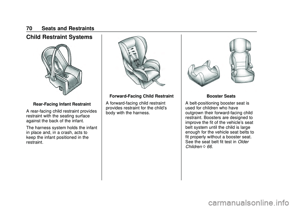 CHEVROLET MALIBU 2020  Owners Manual Chevrolet Malibu Owner Manual (GMNA-Localizing-U.S./Canada/Mexico-
13555849) - 2020 - CRC - 8/16/19
70 Seats and Restraints
Child Restraint Systems
Rear-Facing Infant Restraint
A rear-facing child res