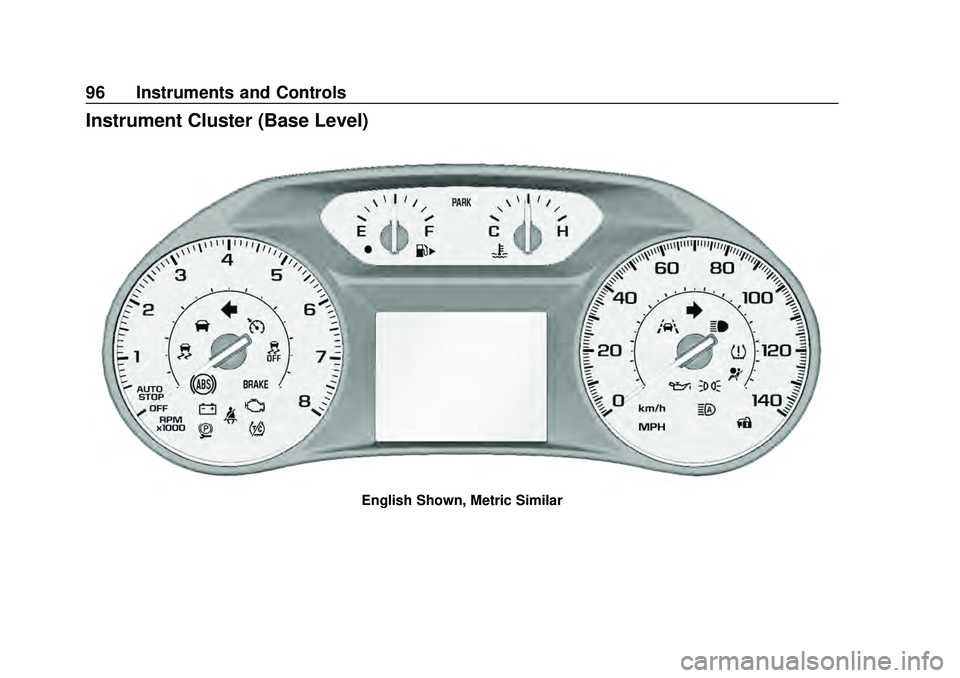 CHEVROLET MALIBU 2020  Owners Manual Chevrolet Malibu Owner Manual (GMNA-Localizing-U.S./Canada/Mexico-
13555849) - 2020 - CRC - 8/16/19
96 Instruments and Controls
Instrument Cluster (Base Level)
English Shown, Metric Similar 