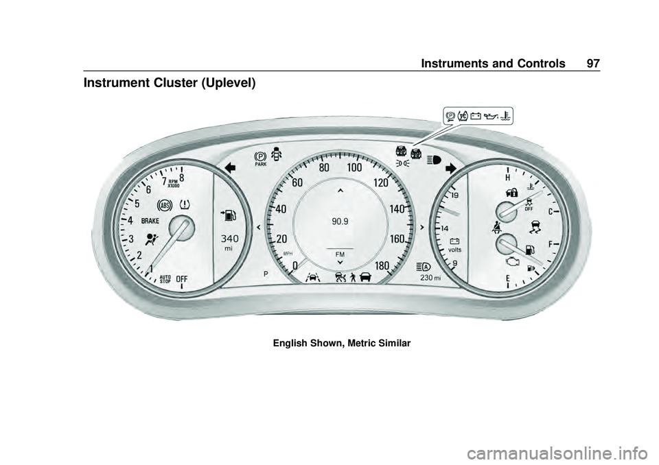 CHEVROLET MALIBU 2020  Owners Manual Chevrolet Malibu Owner Manual (GMNA-Localizing-U.S./Canada/Mexico-
13555849) - 2020 - CRC - 8/16/19
Instruments and Controls 97
Instrument Cluster (Uplevel)
English Shown, Metric Similar 