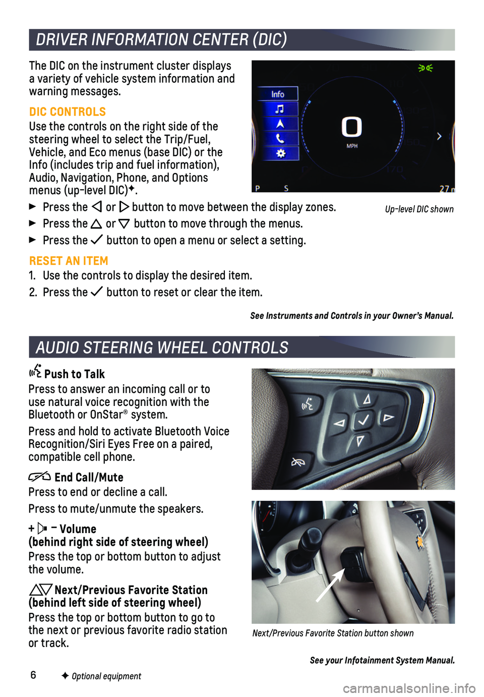 CHEVROLET MALIBU 2020  Get To Know Guide 6
The DIC on the instrument cluster displays a variety of vehicle system information and warning messages. 
DIC CONTROLS
Use the controls on the right side of the steering wheel to select the Trip/Fue