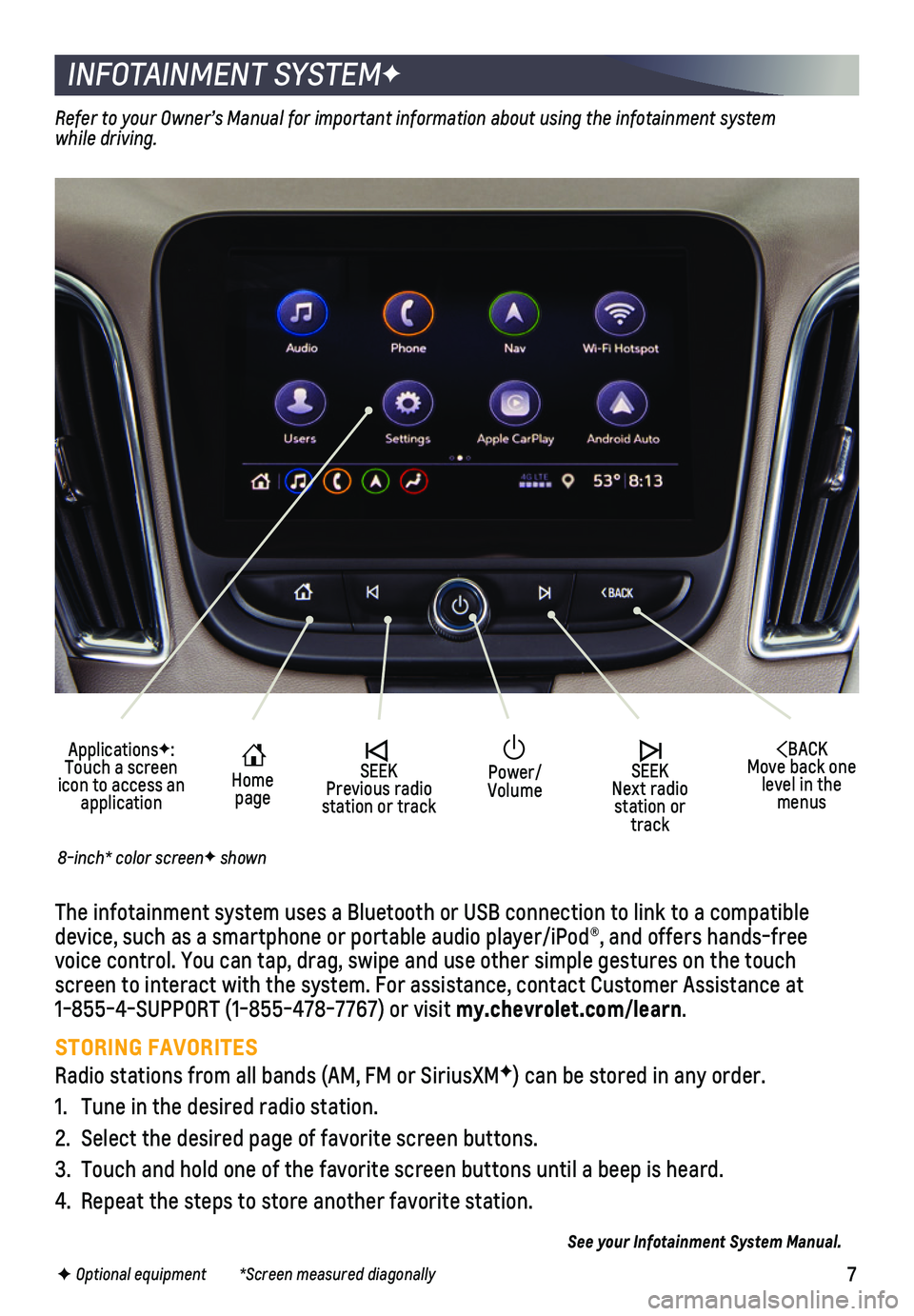 CHEVROLET MALIBU 2020 Get To Know Guide 7F Optional equipment *Screen measured diagonally
INFOTAINMENT SYSTEMF
ApplicationsF: Touch a screen icon to access an application
Home page
SEEK Previous radio station or track
BACK Move ba CHEVROLET MALIBU 2020 Get To Know Guide 7F Optional equipment *Screen measured diagonally
INFOTAINMENT SYSTEMF
ApplicationsF: Touch a screen icon to access an application
Home page
SEEK Previous radio station or track
BACK Move ba