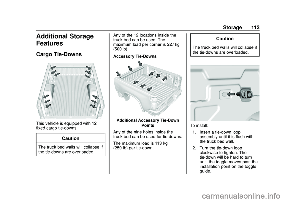 CHEVROLET SILVERADO 2020  Owners Manual Chevrolet Silverado Owner Manual (GMNA-Localizing-U.S./Canada/Mexico-
13337620) - 2020 - CTC - 1/27/20
Storage 113
Additional Storage
Features
Cargo Tie-Downs
This vehicle is equipped with 12
fixed ca