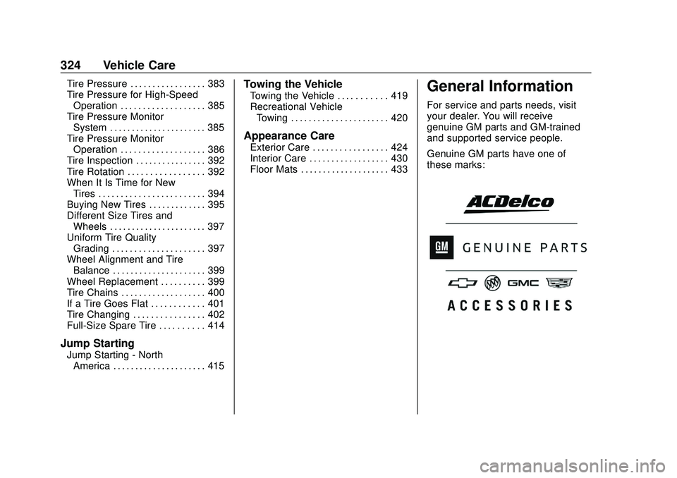 CHEVROLET SILVERADO 2020 Owners Manual Chevrolet Silverado Owner Manual (GMNA-Localizing-U.S./Canada/Mexico-
13337620) - 2020 - CTC - 1/27/20
324 Vehicle Care
Tire Pressure . . . . . . . . . . . . . . . . . 383
Tire Pressure for High-Speed CHEVROLET SILVERADO 2020 Owners Manual Chevrolet Silverado Owner Manual (GMNA-Localizing-U.S./Canada/Mexico-
13337620) - 2020 - CTC - 1/27/20
324 Vehicle Care
Tire Pressure . . . . . . . . . . . . . . . . . 383
Tire Pressure for High-Speed