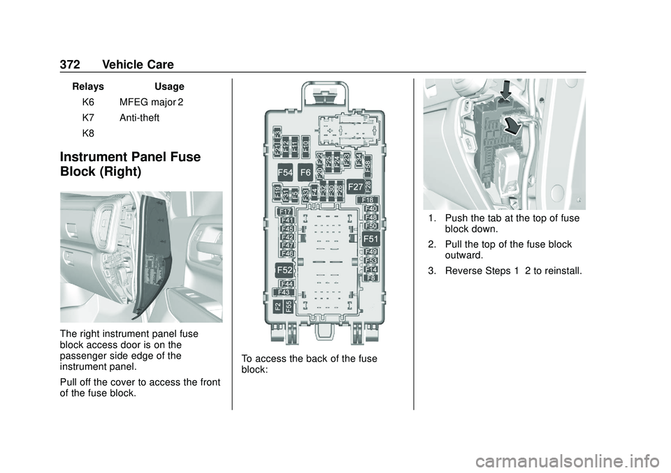 CHEVROLET SILVERADO 2020  Owners Manual Chevrolet Silverado Owner Manual (GMNA-Localizing-U.S./Canada/Mexico-
13337620) - 2020 - CTC - 1/27/20
372 Vehicle Care
RelaysUsage
K6 MFEG major 2
K7 Anti-theft
K8 –
Instrument Panel Fuse
Block (Ri