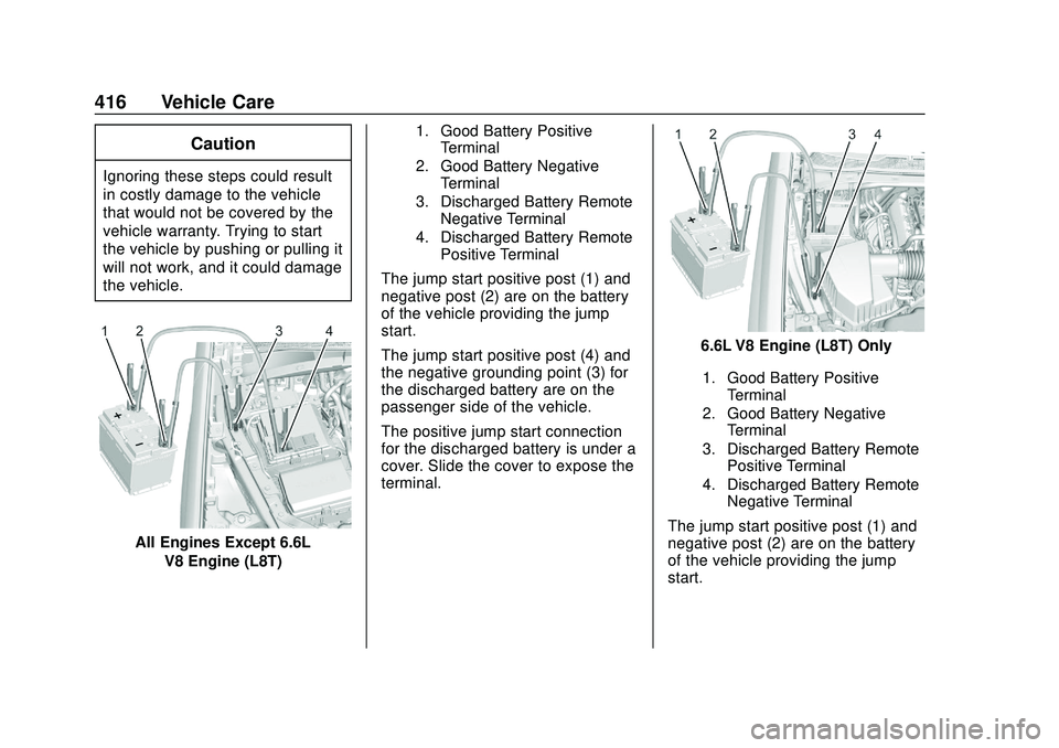 CHEVROLET SILVERADO 2020 Owners Manual Chevrolet Silverado Owner Manual (GMNA-Localizing-U.S./Canada/Mexico-
13337620) - 2020 - CTC - 1/27/20
416 Vehicle Care
Caution
Ignoring these steps could result
in costly damage to the vehicle
that w CHEVROLET SILVERADO 2020 Owners Manual Chevrolet Silverado Owner Manual (GMNA-Localizing-U.S./Canada/Mexico-
13337620) - 2020 - CTC - 1/27/20
416 Vehicle Care
Caution
Ignoring these steps could result
in costly damage to the vehicle
that w