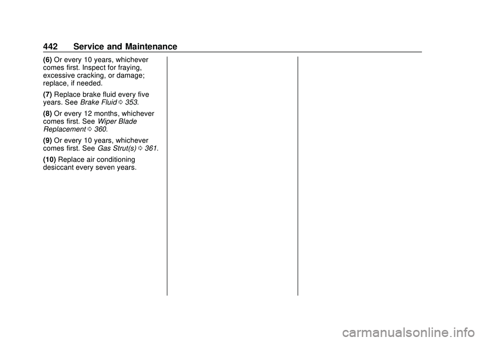 CHEVROLET SILVERADO 2020  Owners Manual Chevrolet Silverado Owner Manual (GMNA-Localizing-U.S./Canada/Mexico-
13337620) - 2020 - CTC - 1/27/20
442 Service and Maintenance
(6)Or every 10 years, whichever
comes first. Inspect for fraying,
exc