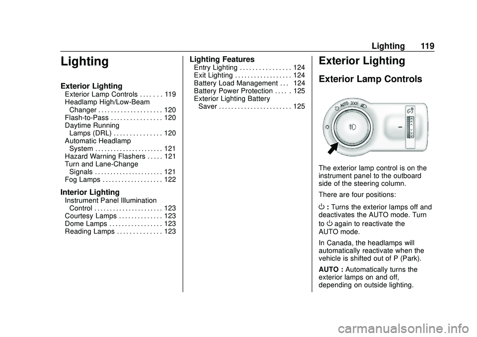 CHEVROLET SONIC 2020  Owners Manual Chevrolet Sonic Owner Manual (GMNA-Localizing-U.S./Canada-13566834) -
2020 - CRC - 10/4/19
Lighting 119
Lighting
Exterior Lighting
Exterior Lamp Controls . . . . . . . 119
Headlamp High/Low-BeamChange