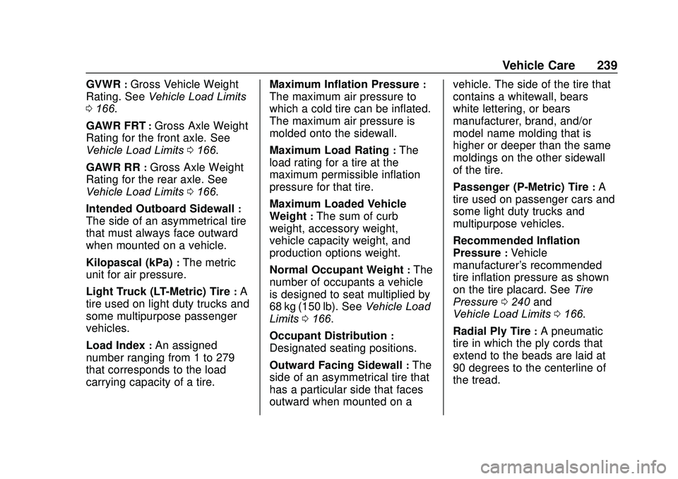 CHEVROLET SONIC 2020 Owners Manual Chevrolet Sonic Owner Manual (GMNA-Localizing-U.S./Canada-13566834) -
2020 - CRC - 10/4/19
Vehicle Care 239
GVWR:Gross Vehicle Weight
Rating. See Vehicle Load Limits
0 166.
GAWR FRT
:Gross Axle Weight CHEVROLET SONIC 2020 Owners Manual Chevrolet Sonic Owner Manual (GMNA-Localizing-U.S./Canada-13566834) -
2020 - CRC - 10/4/19
Vehicle Care 239
GVWR:Gross Vehicle Weight
Rating. See Vehicle Load Limits
0 166.
GAWR FRT
:Gross Axle Weight