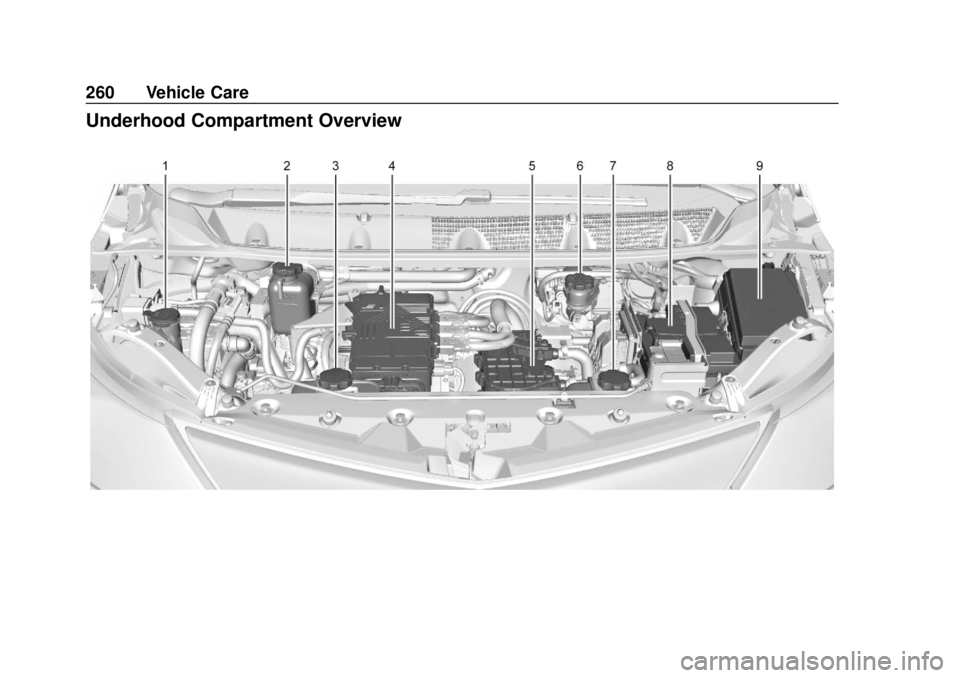 CHEVROLET BOLT EV 2019  Owners Manual Chevrolet BOLT EV Owner Manual (GMNA-Localizing-U.S./Canada/Mexico-
12163003) - 2019 - crc - 5/18/18
260 Vehicle Care
Underhood Compartment Overview 