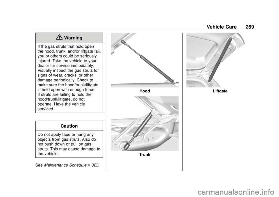 CHEVROLET BOLT EV 2019  Owners Manual Chevrolet BOLT EV Owner Manual (GMNA-Localizing-U.S./Canada/Mexico-
12163003) - 2019 - crc - 5/18/18
Vehicle Care 269
{Warning
If the gas struts that hold open
the hood, trunk, and/or liftgate fail,
y