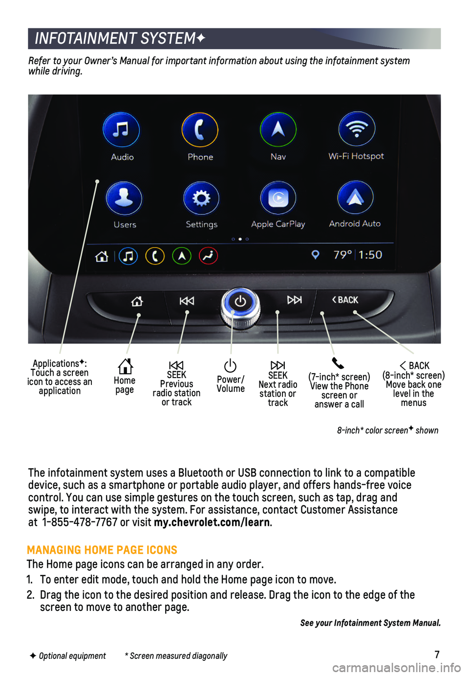 CHEVROLET CAMARO 2019 Get To Know Guide 7
INFOTAINMENT SYSTEMF
The infotainment system uses a Bluetooth or USB connection to link to a \
compatible device, such as a smartphone or portable audio player, and offers hands-\
free voice
contr CHEVROLET CAMARO 2019 Get To Know Guide 7
INFOTAINMENT SYSTEMF
The infotainment system uses a Bluetooth or USB connection to link to a \
compatible device, such as a smartphone or portable audio player, and offers hands-\
free voice
contr